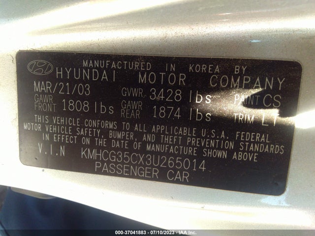 2003 HYUNDAI ACCENT GL VIN: KMHCG35CX3U265014