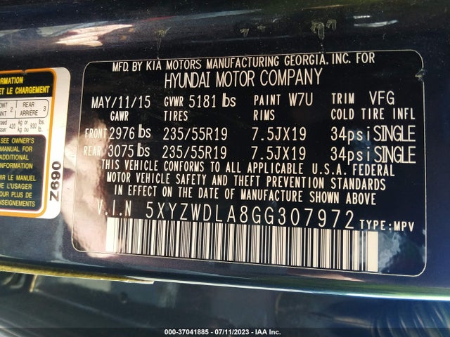 2016 HYUNDAI SANTA FE SPORT VIN: 5XYZWDLA8GG307972