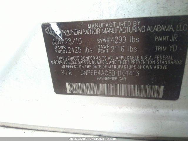 2011 HYUNDAI SONATA GLS VIN: 5NPEB4AC5BH101413