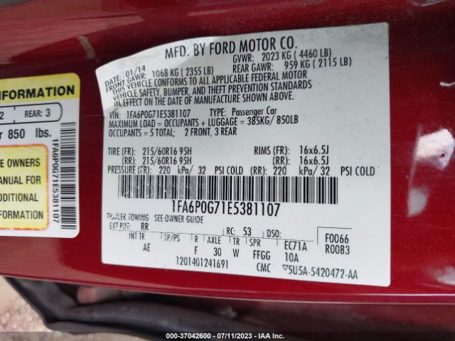 1FA6P0G71E5381107 Ford FUSION S