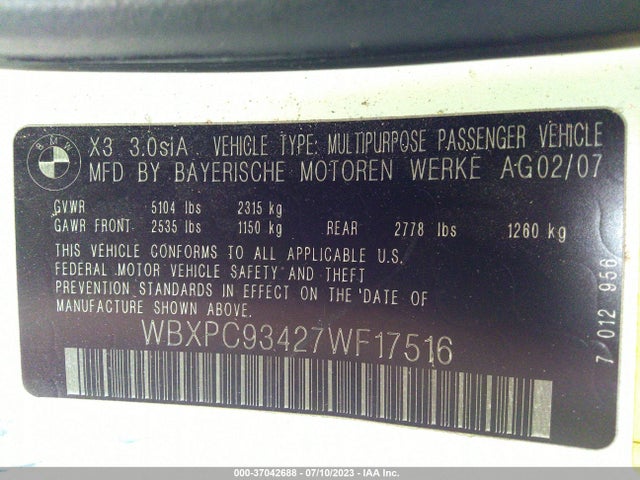 2007 BMW X3 3.0SI VIN: WBXPC93427WF17516