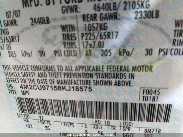 2008 MERCURY MARINER PREMIER VIN: 4M2CU97158KJ18575
