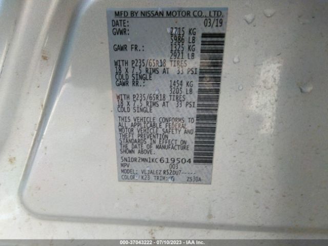 5N1DR2MN1KC619504 Nissan Pathfinder Sv