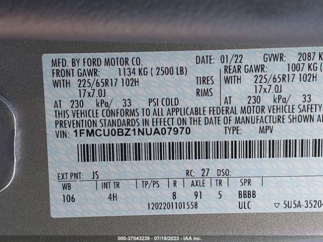 1FMCU0BZ1NUA07970 Ford Escape Se Hybrid