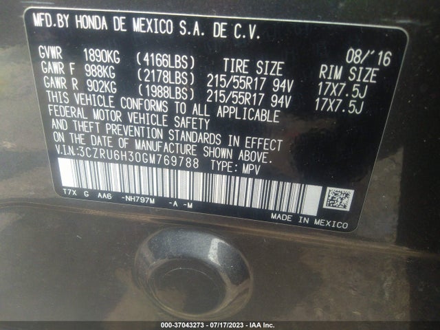 Honda HR-V LX 2016 3CZRU6H30GM769788 Image 9