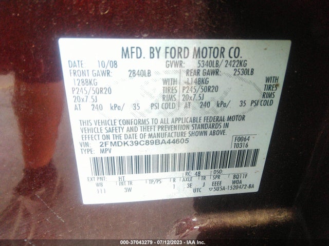 2009 FORD EDGE LIMITED VIN: 2FMDK39C89BA44605