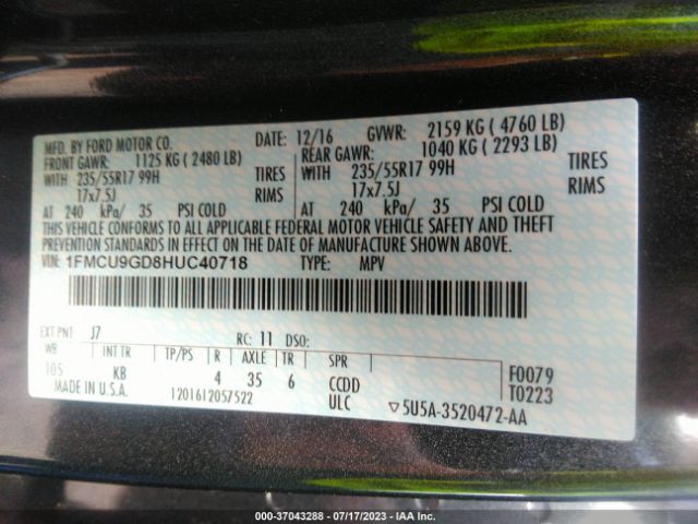 1FMCU9GD8HUC40718 Ford ESCAPE SE