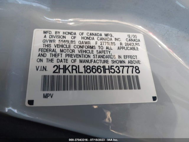 2001 HONDA ODYSSEY EX VIN: 2HKRL18661H537778