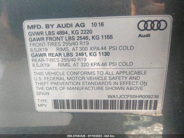 2017 AUDI Q3 PREMIUM PLUS VIN: WA1JCCFS0HR009238