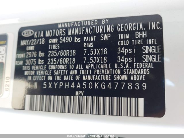 5XYPH4A50KG477839 KIA Sorento Ex V6