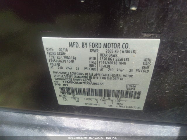 Ford EXPLORER XLT 2019 1FM5K8D87KGA09251 Image 15