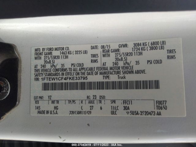 1FTEW1CF4FKE33795 Ford F-150 Xl/lariat