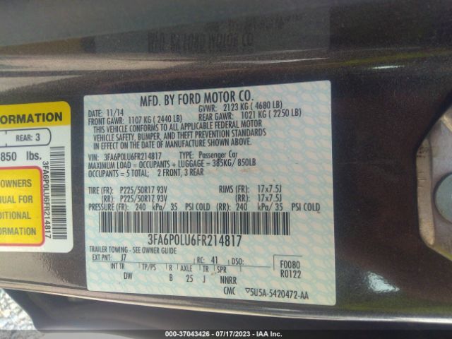 3FA6P0LU6FR214817 Ford Fusion Se Hybrid