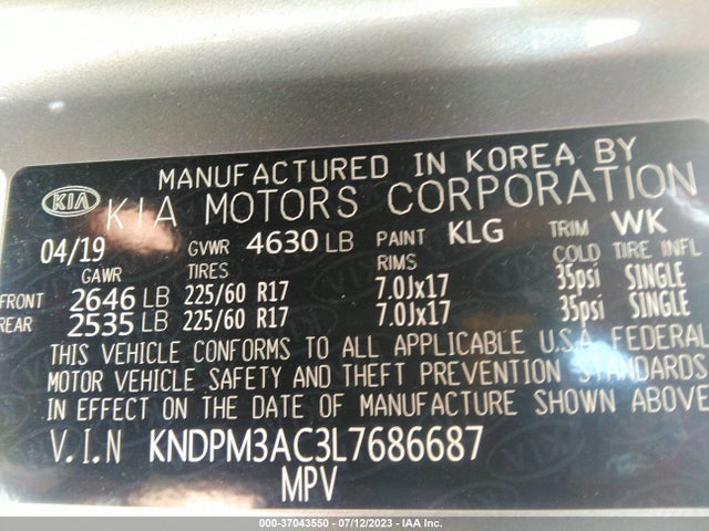 2020 KIA SPORTAGE LX VIN: KNDPM3AC3L7686687