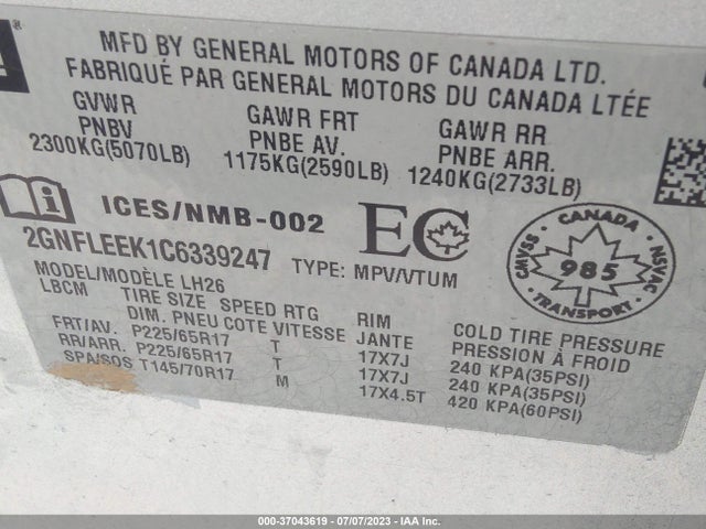 2012 CHEVROLET EQUINOX LT W/1LT VIN: 2GNFLEEK1C6339247