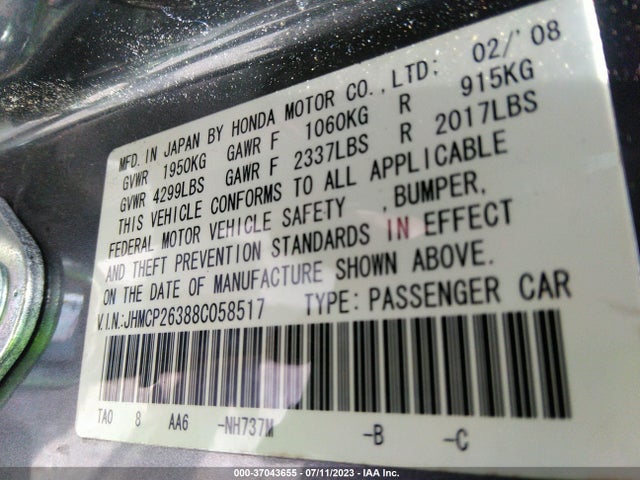 2008 HONDA ACCORD SDN LX VIN: JHMCP26388C058517