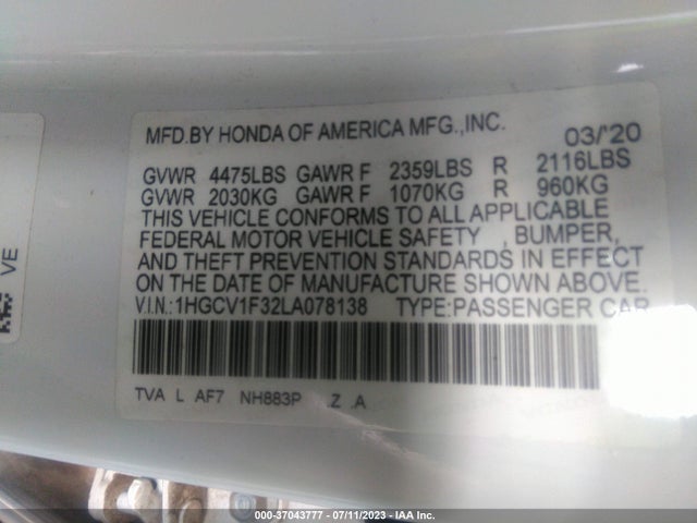 2020 HONDA ACCORD SEDAN SPORT VIN: 1HGCV1F32LA078138