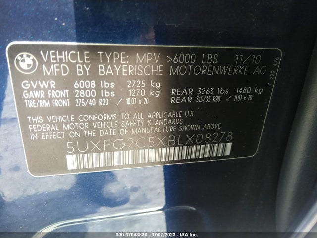 2011 BMW X6 35I VIN: 5UXFG2C5XBLX08278