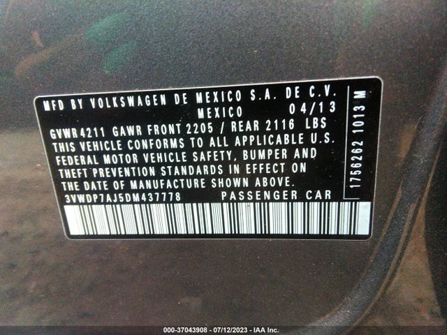 2013 VOLKSWAGEN JETTA SEDAN SE W/CONVENIENCE VIN: 3VWDP7AJ5DM437778