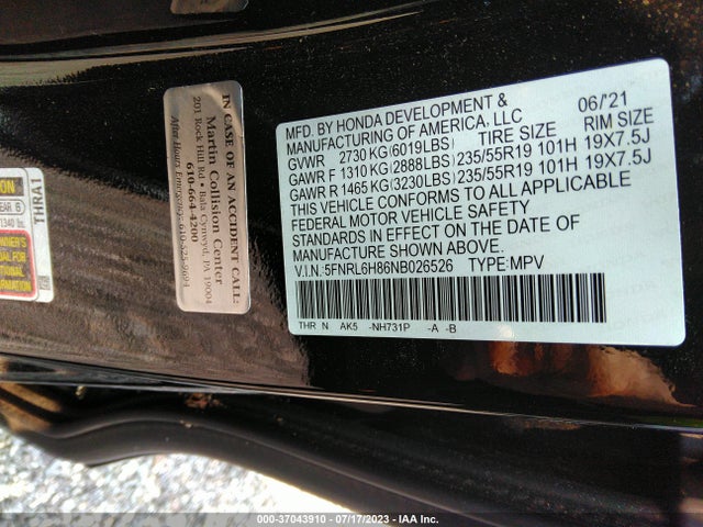 2022 HONDA ODYSSEY TOURING VIN: 5FNRL6H86NB026526