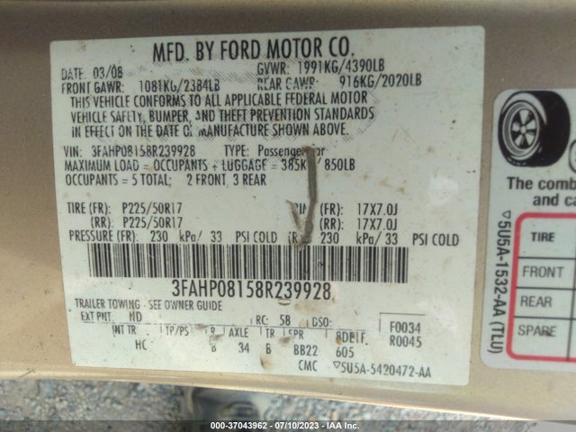 2008 FORD FUSION SEL VIN: 3FAHP08158R239928