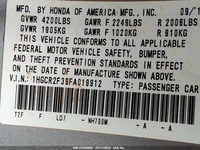 Honda ACCORD LX 2015 1HGCR2F39FA019912 Image 9