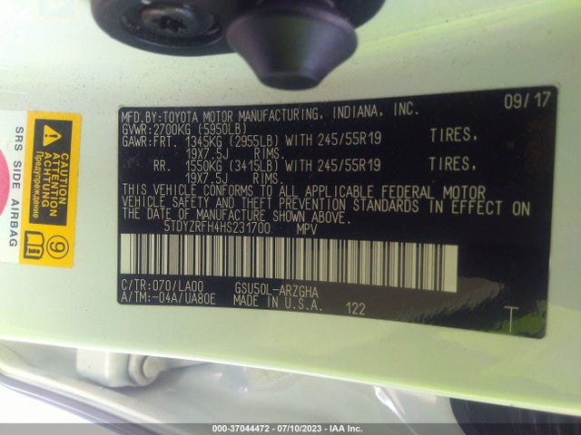 Toyota Highlander Limited 2017 5TDYZRFH4HS231700 Image 9