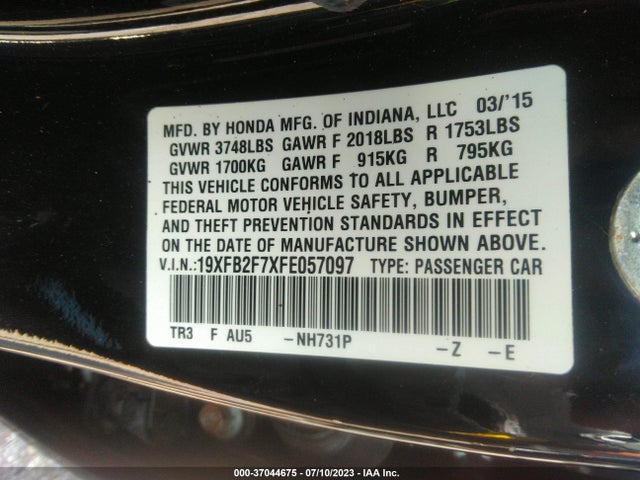 Honda Civic Sedan Se 2015 19XFB2F7XFE057097 Image 9