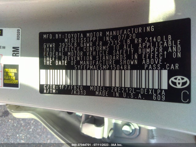 2021 TOYOTA COROLLA LE VIN: 5YFEPMAE5MP150488