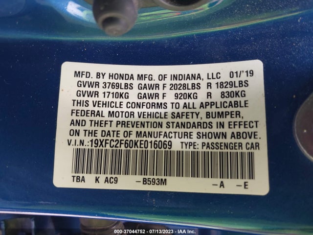 Honda Civic Sedan Lx 2019 19XFC2F60KE016069 Image 9