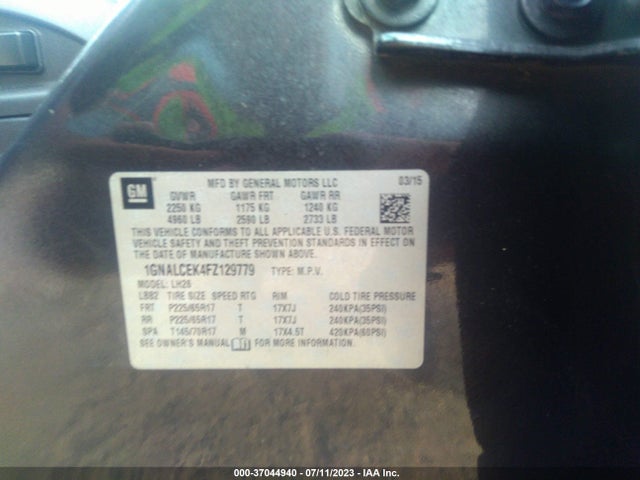 2015 CHEVROLET EQUINOX LT VIN: 1GNALCEK4FZ129779