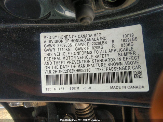 Aukcja sprzedaży 2019 Honda Civic Sedan Lx, vin: 2HGFC2F62KH605310, numer aukcji: 37044984