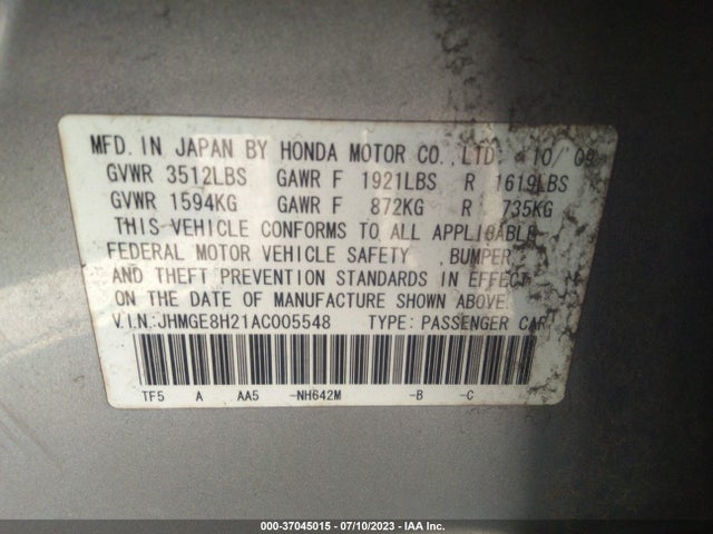 2010 HONDA FIT VIN: JHMGE8H21AC005548