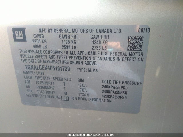 2014 CHEVROLET EQUINOX LT VIN: 2GNALCEK4E6101720