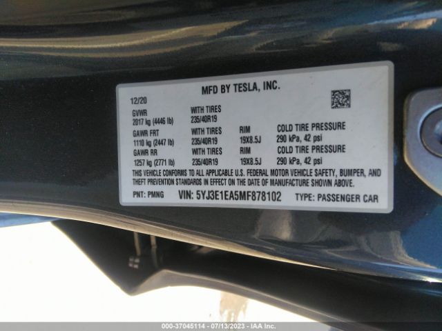 5YJ3E1EA5MF878102 Tesla Model 3 Standard Range Plus