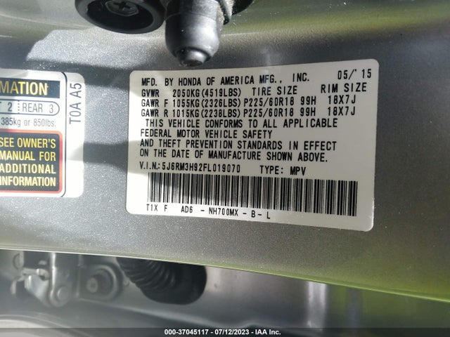 Honda Cr-v Touring 2015 5J6RM3H92FL019070 Image 9