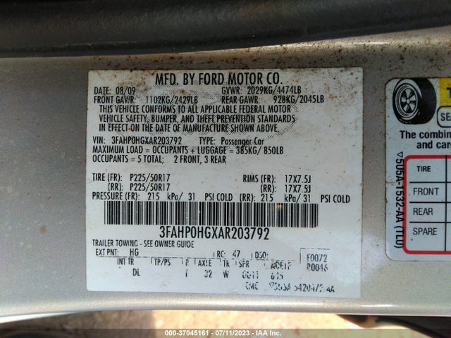 2010 FORD FUSION SE VIN: 3FAHP0HGXAR203792