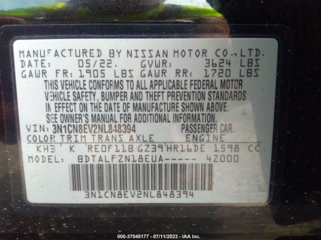 3N1CN8EV2NL848394 Nissan VERSA SV