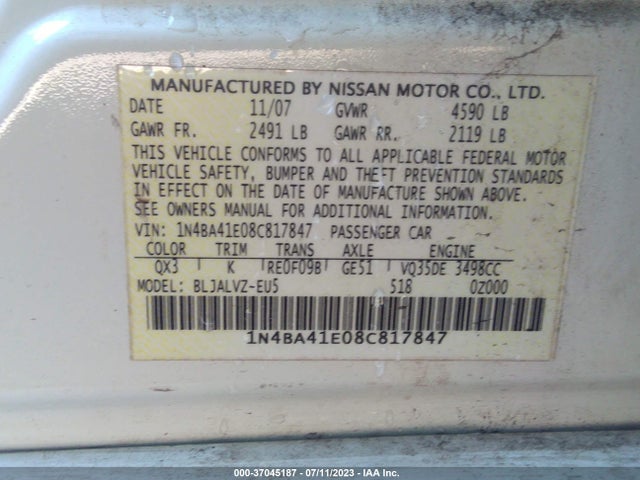 2008 NISSAN MAXIMA 3.5 SE VIN: 1N4BA41E08C817847