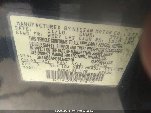 2011 NISSAN SENTRA 2.0 VIN: 3N1AB6AP0BL648718