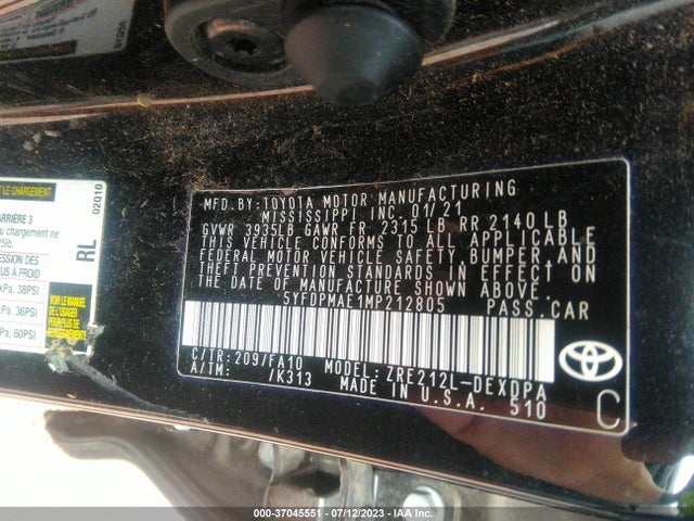 2021 TOYOTA COROLLA L VIN: 5YFDPMAE1MP212805