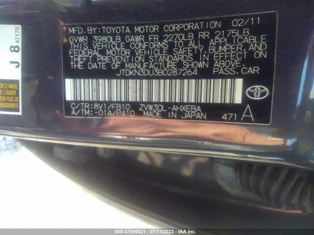 Продажа на аукционе авто 2011 Toyota Prius I/ii/iii/iv/v, vin: JTDKN3DU3B0287264, номер лота: 37045621