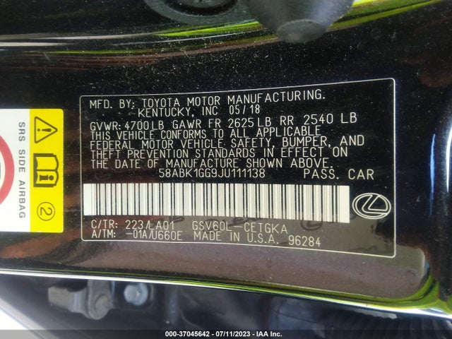 58ABK1GG9JU111138 Lexus Es Es 350
