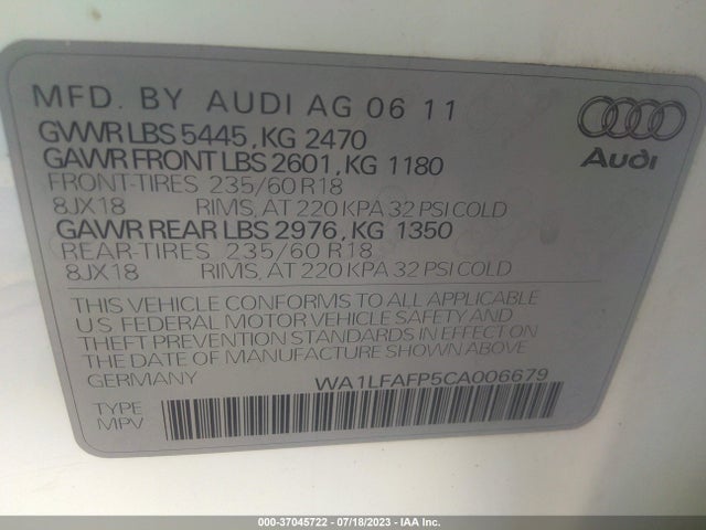 2012 AUDI Q5 2.0T PREMIUM VIN: WA1LFAFP5CA006679