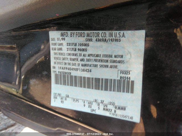 1999 FORD MUSTANG VIN: 1FAFP4049XF138424