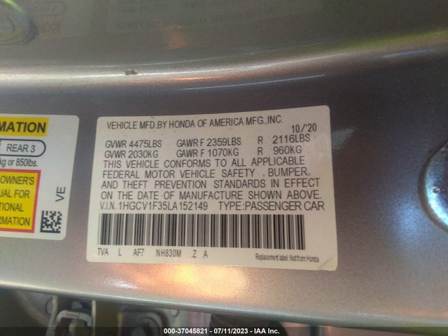 Aukcja sprzedaży 2020 Honda Accord Sedan Sport, vin: 1HGCV1F35LA152149, numer aukcji: 37045821