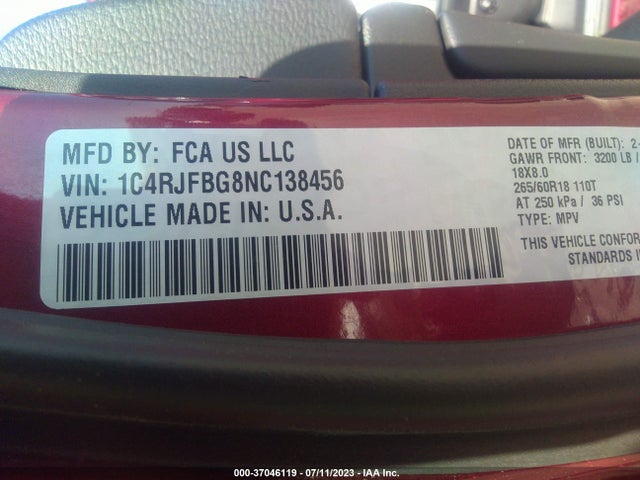 1C4RJFBG8NC138456 Jeep Grand Cherokee Wk Limited