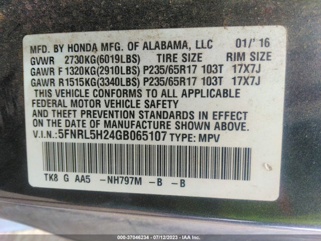 Honda ODYSSEY LX 2016 5FNRL5H24GB065107 Image 9