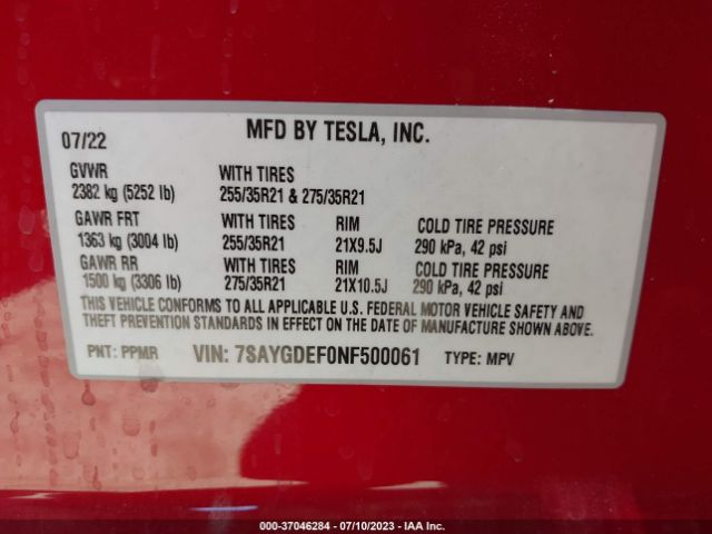 7SAYGDEF0NF500061 Tesla Model Y Performance