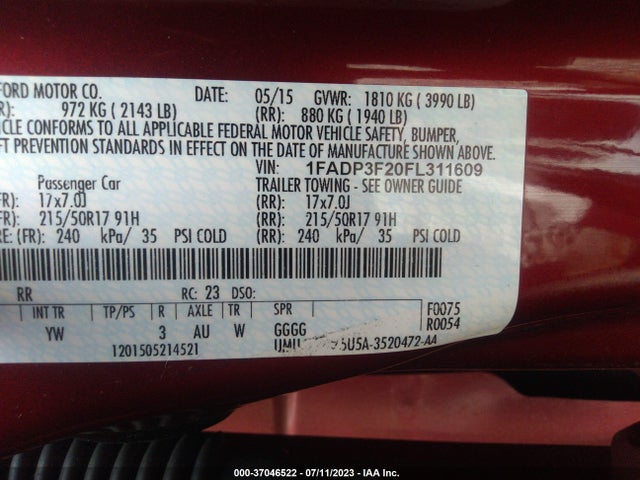 Ford FOCUS SE 2015 1FADP3F20FL311609 Image 9